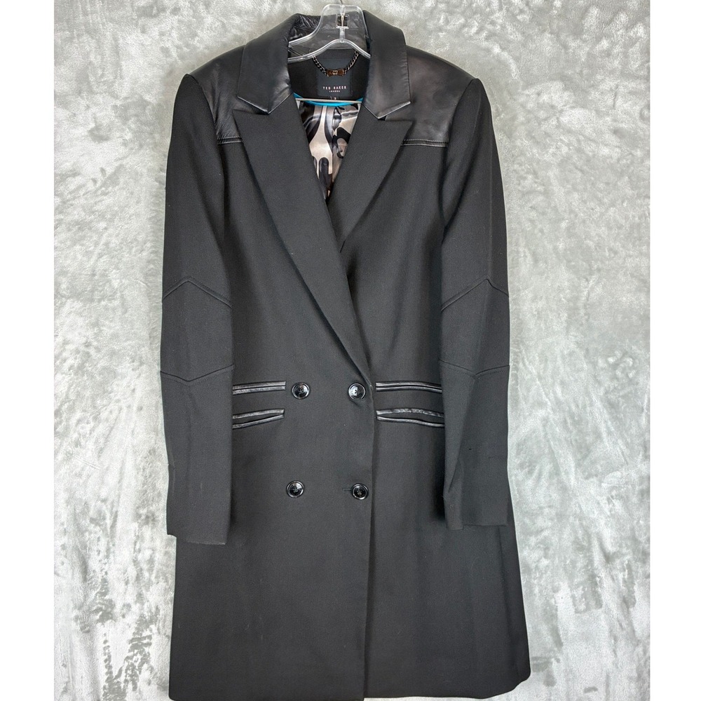 Ted Baker London Womens Black Wool Blend Leather Trim Double Breasted Coat Sz 2